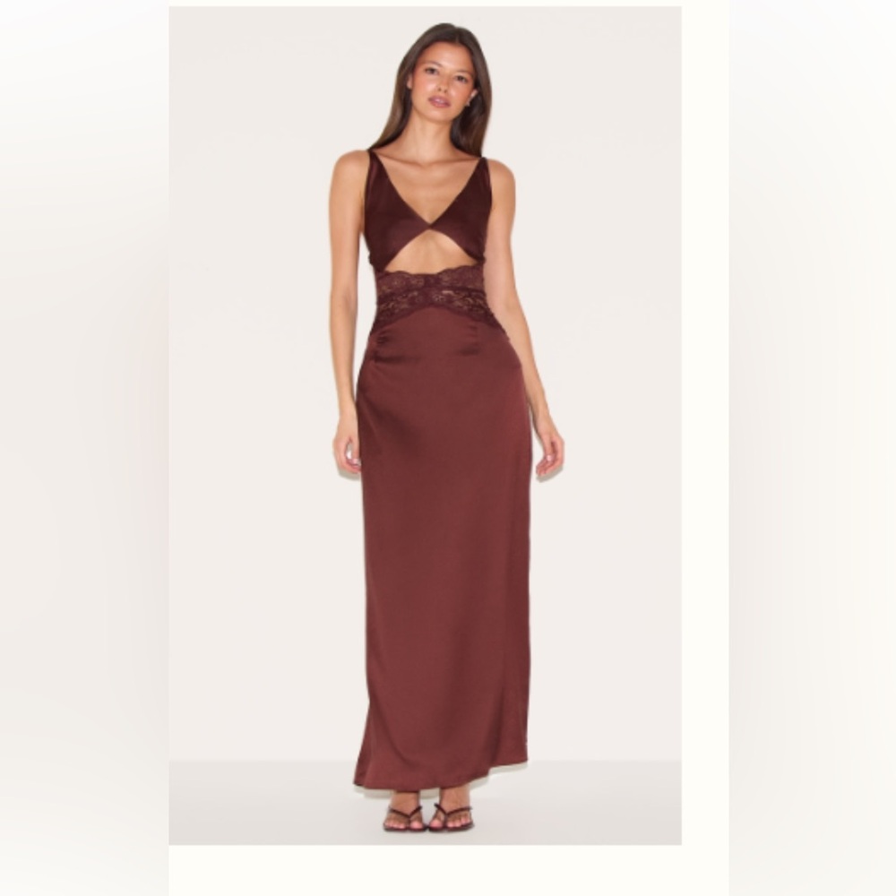 Brown Satin Cutout Maxi Dress – Evening / Formal / Wedding Guest